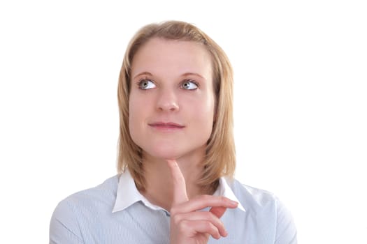 Young blonde woman thoughtfully resting her head with her index finger