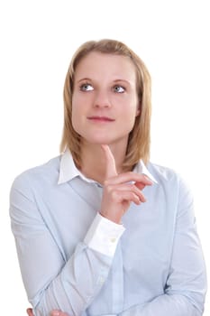 Young blonde woman thoughtfully resting her head with her index finger