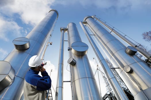 oil and gas worker, pointing at large gas and fuel pipes, pipelines