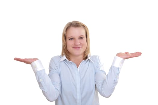Young attractive woman innocently openly stretching her hands from body