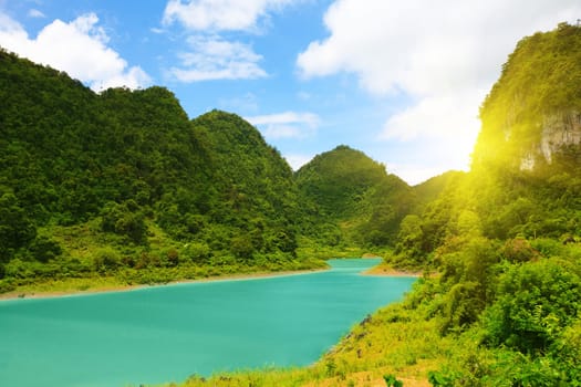 Beautiful mountain lake at sunny day. Vietnam