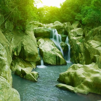 Waterfall pool in rain forest and sunlight