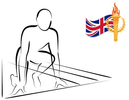 Athlete ready to start racing. With UK flag and gold torch.
