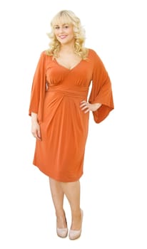 Full length beautiful curvy blonde woman smiling. Fashion and style. Isolated over white background.