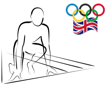 London 2012 Olympic Games - athlete ready to start racing. With UK flag and Olympic Rings. Vector file saved as EPS AI8, no effects, easy print and edit.