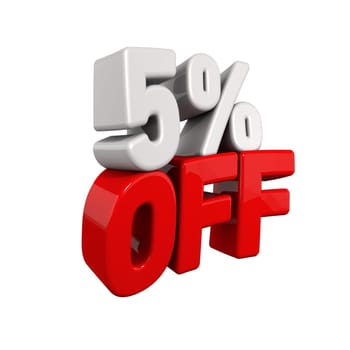 five Percent Automatic Reduction. 3d text for 5% OFF in red and white angled obliquely away from camera isolated on white