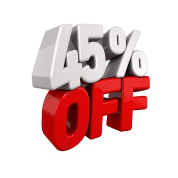 forty-five Percent Automatic Reduction. 3d text for 45% OFF in red and white angled obliquely away from camera isolated on white