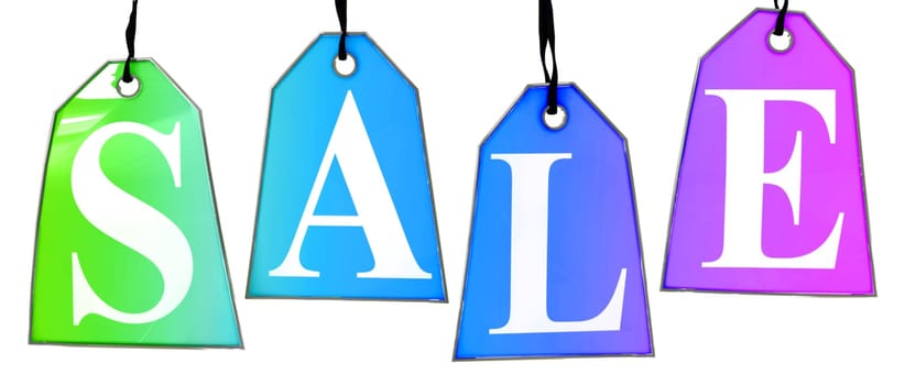 Colored Sale Tags. Four colored tags with the letters S,A,L,E on them hanging on hooks isolated on white.