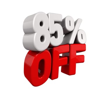 eighty-five Percent Automatic Reduction. 3d text for 85% OFF in red and white angled obliquely away from camera isolated on white