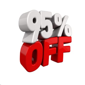 Ninety five Percent Automatic Reduction. 3d text for 95% OFF in red and white angled obliquely away from camera isolated on white