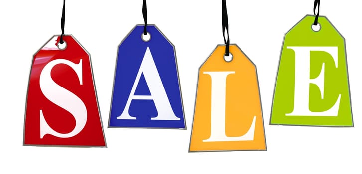 Colored Sale Tags. Four colored tags with the letters S,A,L,E on them hanging on hooks isolated on white.