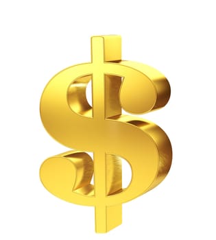 Gold Dollar Sign. 3d gold dollar sign with metallic glow isolated on white