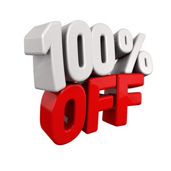 Full Percent Automatic Reduction. 3d text for 100% OFF in red and white angled obliquely away from camera isolated on white