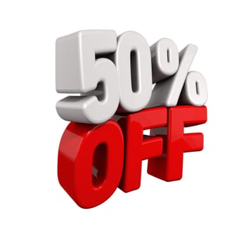 fifty Percent Automatic Reduction. 3d text for 50% OFF in red and white angled obliquely away from camera isolated on white