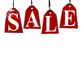 Red Sale Tags. Four red tags with the letters S,A,L,E on them hanging on hooks isolated on white.