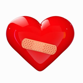a red heart with a band-aid isolated on white