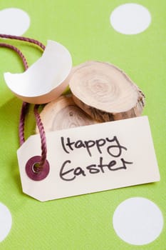 Easter image with broken egg shell and threade tag saying Happy Easter