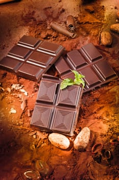 different chocolate bars and cocoa and mint