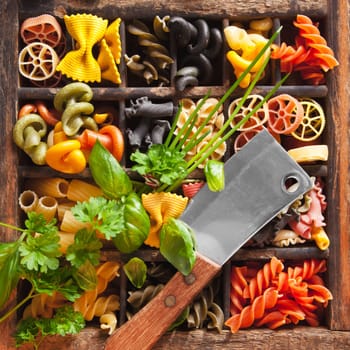 Different colored Pasta in an old letter-box