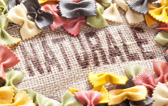 Different noodles on a fabric bag printed.