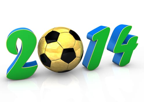 Text "2014"" with golden football on the white background."