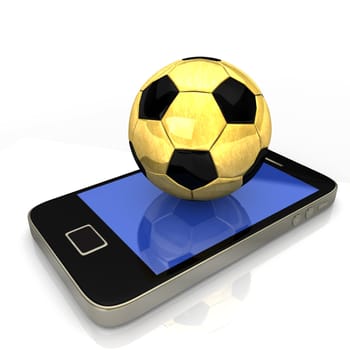 Smartphone with golden football on the white background.