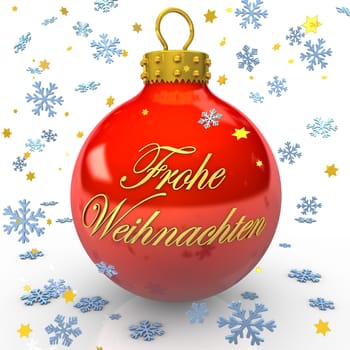 Red Christmas ball with the text "Merry Christmas"" and blue snowflakes."