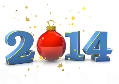 Text "2014"" with christmas bauble and stars on the white background."