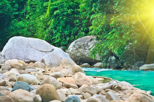 Blue water stream in tropical forest. Vietnam