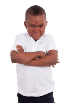 Portrait of a angry  african american little boy, isolated on white background