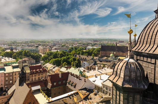 Overlooking the centre of Krakow and ancient european architecture, Poland, bird's-eye view
