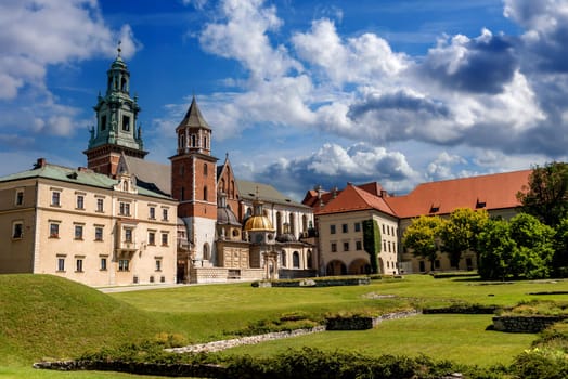 POLAND, KRAKOW- JULY 03: Beautiful ancient catholic cathedral surrounded by the gardens and green areas in Krakow Poland on July 03, 2015