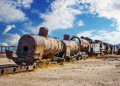 Old cemetery of abandoned steam-powered trains, Uyuni, Bolivia