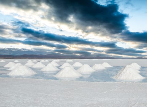 Sunshine scenery of area with salt banks in Salar de Uyuni in Bolivia