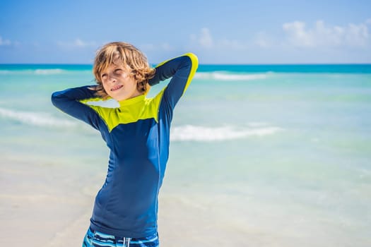 A carefree boy explores the wonders of the beach, with the sun-kissed shoreline as his playground, embodying the spirit of childhood adventure.