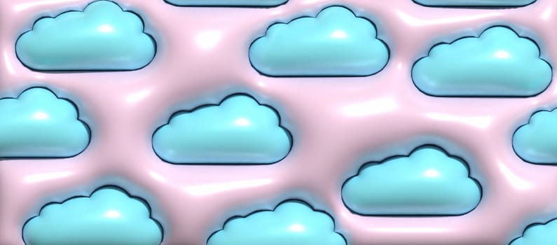 Abstract pink background with blue puffy clouds, 3D rendering illustration