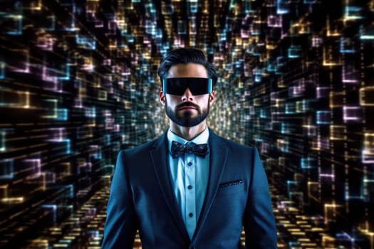 Businessman wearing virtual reality with digital big data transfer from brain to buzzy software showing futuristic technology generative AI image