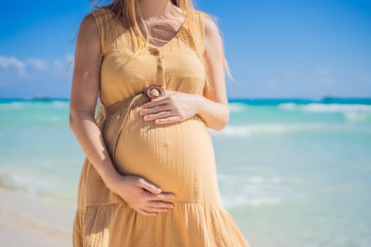 Radiant and expecting, a pregnant woman stands on a pristine snow-white tropical beach, celebrating the miracle of life against a backdrop of natural beauty.