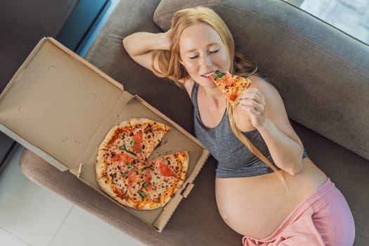 A pregnant woman enjoys a slice of pizza, savoring a moment of indulgence while satisfying her craving for a delightful, comforting treat. Excited Pregnant Young Lady Enjoying Pizza Holding Biting Tasty Slice Posing With Carton Box. Junk Food Lover Eating Italian Pizza. Unhealthy Nutrition Cheat Meal.