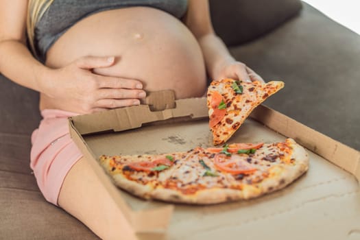 A pregnant woman enjoys a slice of pizza, savoring a moment of indulgence while satisfying her craving for a delightful, comforting treat. Excited Pregnant Young Lady Enjoying Pizza Holding Biting Tasty Slice Posing With Carton Box. Junk Food Lover Eating Italian Pizza. Unhealthy Nutrition Cheat Meal.