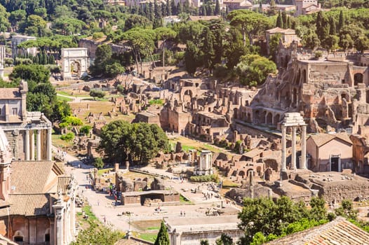 Roman forum from the Republican era, seen from the Vittoriano. House of the Vestals, Arch of Titus, Temple of Castor and Pollux and Palatine Hill, among many other monuments