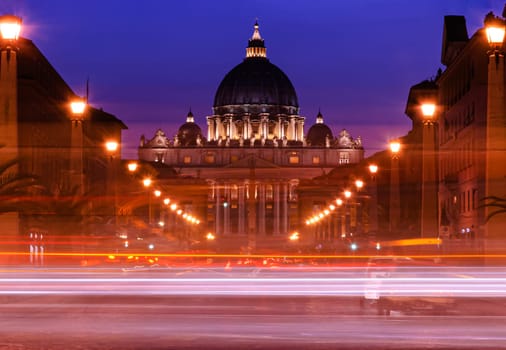 Saint Peter of the Vatican, night view with long exposure from Via della Conciliazione