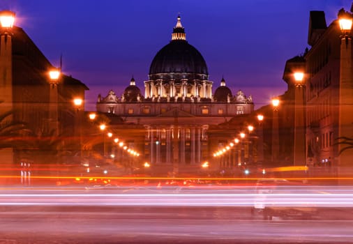 Saint Peter of the Vatican, night view with long exposure from Via della Conciliazione