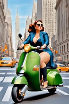 curvy elegant empowered business woman driving electric scooter in downtown illustration genrative ai art