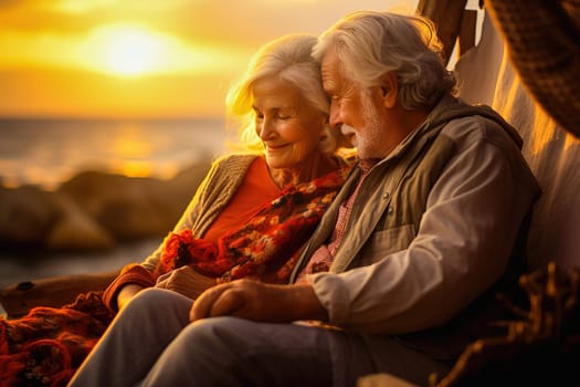 Happy retired couple relaxing on sun loungers near the seashore at sunset. High quality photo