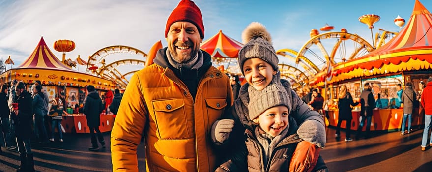 Happy family having fun at the Christmas market. High quality photo