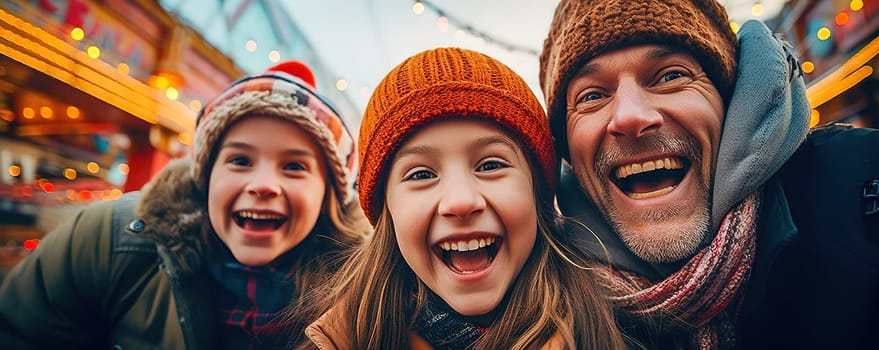 Happy family having fun at the Christmas market. High quality photo