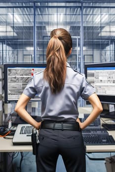 A female security guard looks at the surveillance camera monitors from the control room. Security service