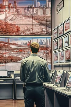 A male security guard looks at the security camera monitors from the control room. Security service