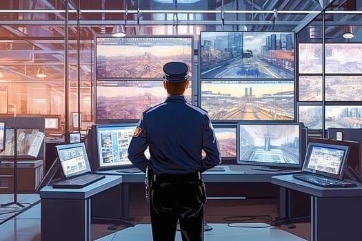 A male security guard looks at the security camera monitors from the control room. Security service